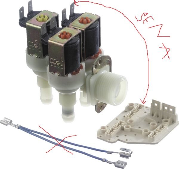 Vožtuvas trigubas MIELE, ARDO, 90° kampu,be viršutinės plokštelės.12mm, speciali jungtis. INLET VALVE3/4 INCH 359 3X12L 220/240V Skalbimo mašinų vožtuvai