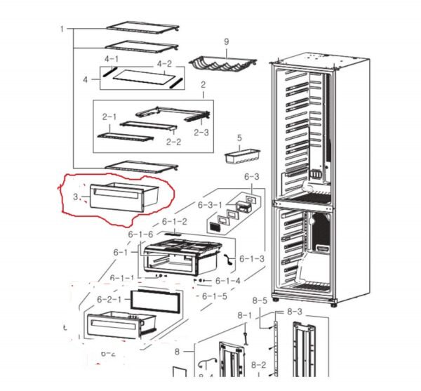 Šaldytuvo SAMSUNG,vidurinis daržovių stalčius,orig. Buitinių šaldytuvų laikikliai, stalčiai, lentynos ir kitos plastmasinės detalės