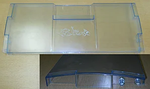 Šaldytuvo BEKO/GRUNDIG/ARCELIK šaldiklio skyriaus, stalčiaus priekinė sienelė (atverčiamas stalčius), 470x190mm, skaidrus,orig. Buitinių šaldytuvų laikikliai, stalčiai, lentynos ir kitos plastmasinės detalės