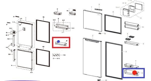 Šaldytuvo SAMSUNG durų lentynėlė 495x130mm (apatinė, buteliams), orig. Buitinių šaldytuvų laikikliai, stalčiai, lentynos ir kitos plastmasinės detalės