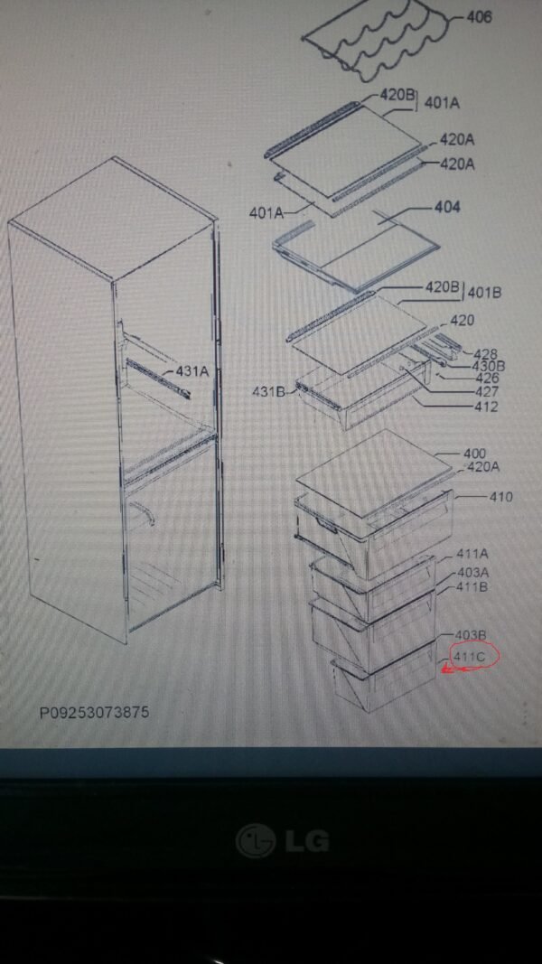 Šaldytuvo AEG ELECTROLUX ZANUSSI apatinis šaldiklio stalčius, 407x222x215mm, orig. Buitinių šaldytuvų laikikliai, stalčiai, lentynos ir kitos plastmasinės detalės