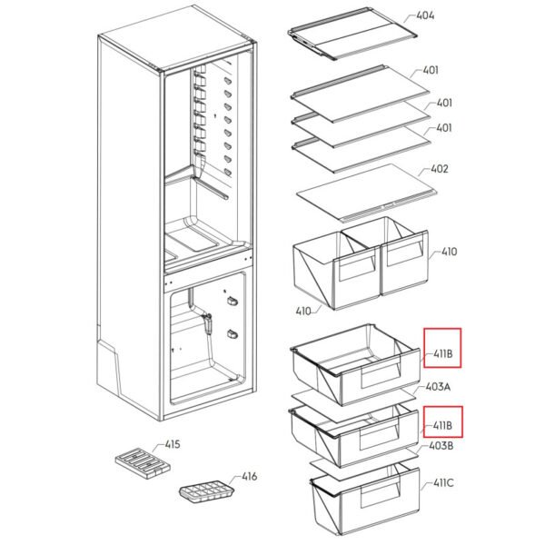 Šaldytuvo AEG, ELECTROLUX šaldiklio stalčius (viršutinis/vidurinis),396x297x158mm,orig. Buitinių šaldytuvų laikikliai, stalčiai, lentynos ir kitos plastmasinės detalės