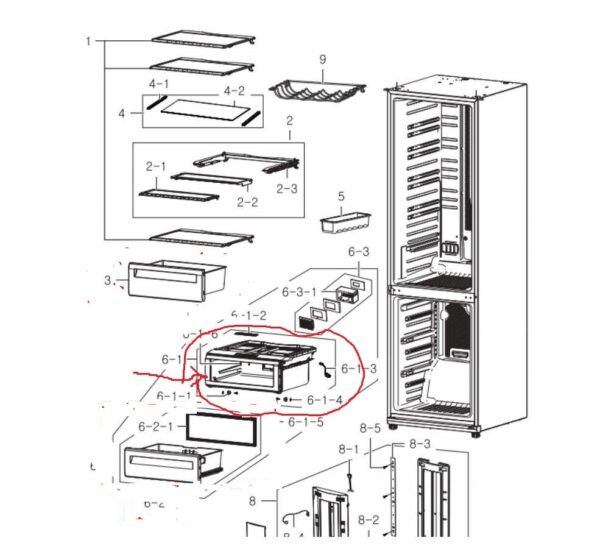 Šaldytuvo SAMSUNG apatinis stalčius komplekte su dangčiu orig. Buitinių šaldytuvų laikikliai, stalčiai, lentynos ir kitos plastmasinės detalės