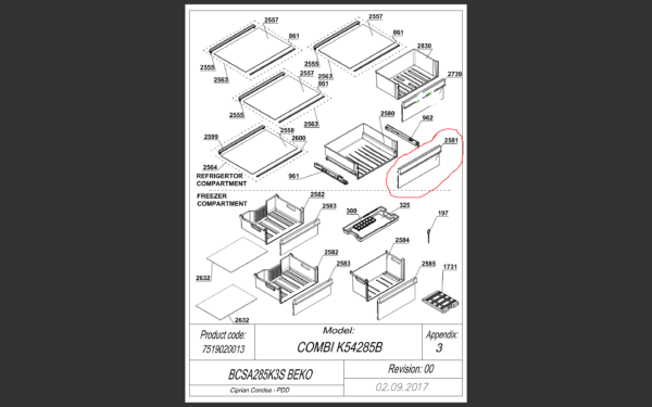 Šaldytuvo BEKO/GRUNDIG/ARCELIK , CRISP FRONT BI PRINT HARVFRESH 54 T605 stalčiaus priekinė panelė,43.4cm x 15.3cm,orig. Buitinių šaldytuvų laikikliai, stalčiai, lentynos ir kitos plastmasinės detalės