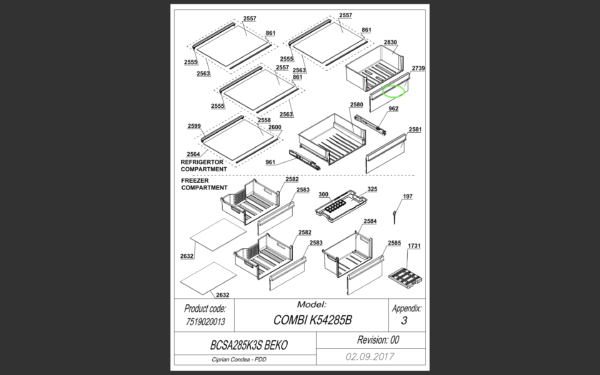 Šaldytuvo BEKO/GRUNDIG/ARCELIK, BIOF FRONT BEKO PRIN BI B16_T605_1_3 stalčiaus priekinė panelė,435x154x35mm,orig. Buitinių šaldytuvų laikikliai, stalčiai, lentynos ir kitos plastmasinės detalės