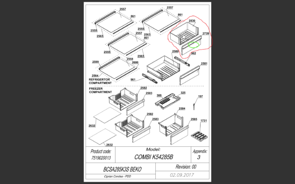 Šaldytuvo BEKO/GRUNDIG/ARCELIK,ASS BIOFRESH PRINTED BI ARC1155 stalčius komplekte,43.3cm x 28.8cm x 16.2cm,orig. Buitinių šaldytuvų laikikliai, stalčiai, lentynos ir kitos plastmasinės detalės