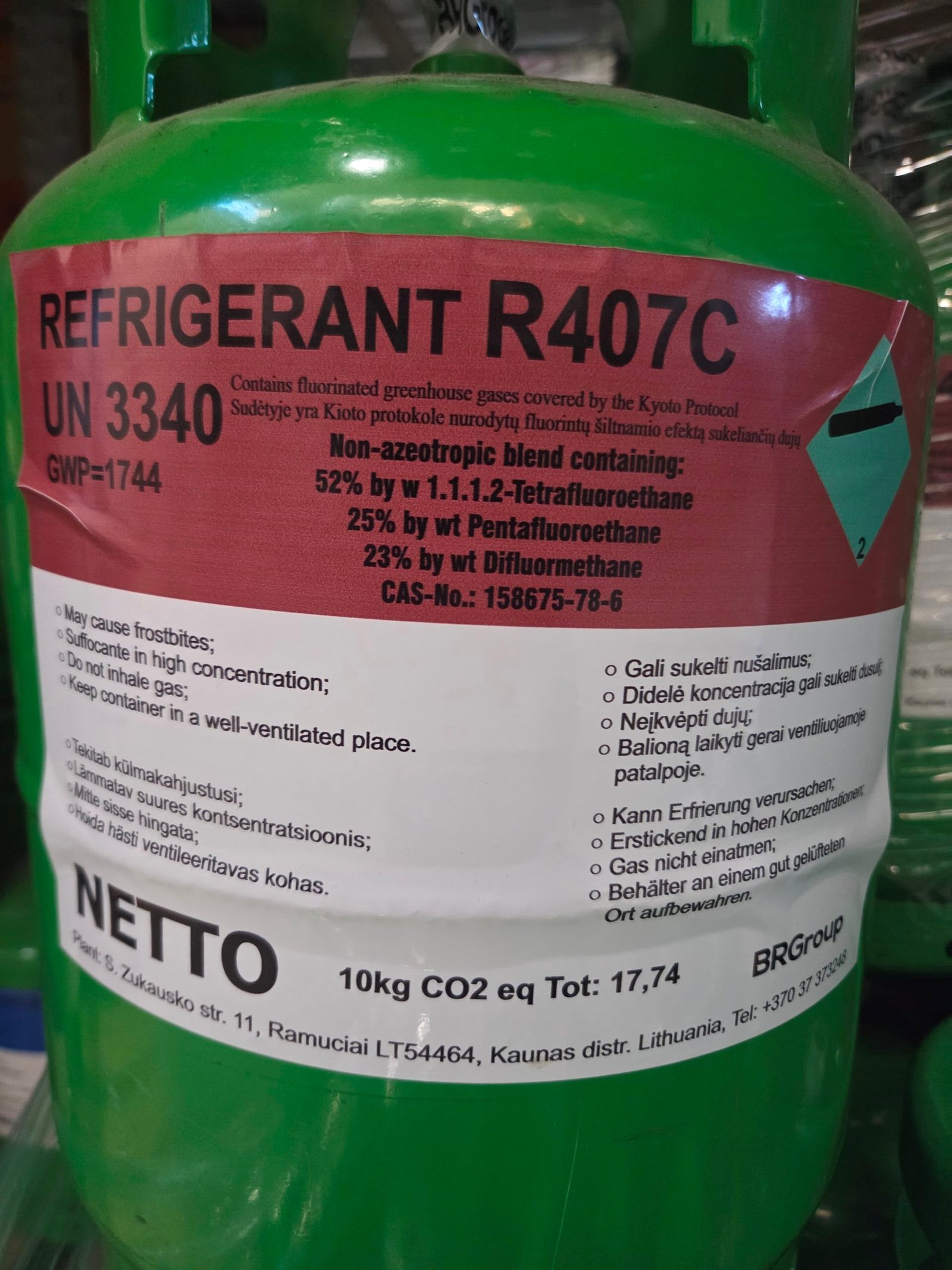 Freonas R407C 11.4kg, kaina pateikta be taros, + tara 29 eur Šaldymo agentai ir tepalai