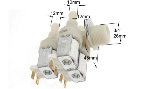 Vožtuvas trigubas MIELE, ARDO, 90° kampu,be viršutinės plokštelės.12mm, speciali jungtis,alternatyva. INLET VALVE3/4 INCH 359 3X12L 220/240V - Image 5