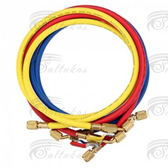 Užpildymo žarnelio komplektas su kraneliu R410a, 3 x 1,5 m (60″), 1/4”-5/16″, Raudona, Geltona, mėlyna Užpildymo žarnelės