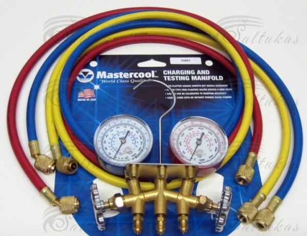 Reduktorius su manometrais ir žarna MASTERCOOL (Komplektas), 3 x 92 cm, 1/4" SAE, skalė d=63mm, R134a, R22, R12, R404A,