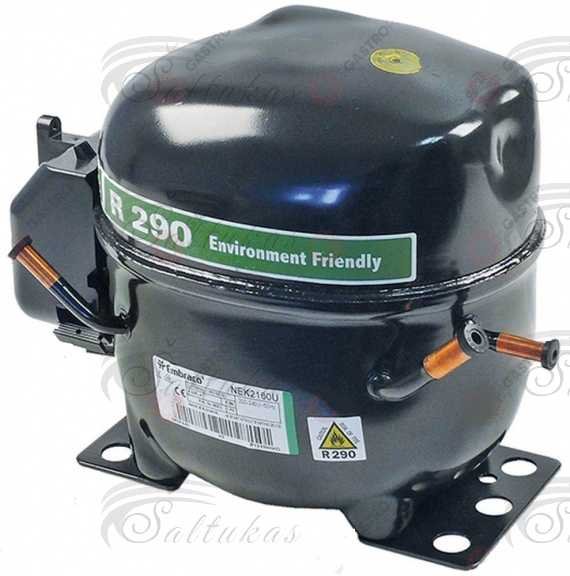 Šaldytuvo kompresorius EMBRACO NEK2160U, LBP – R290, 220 – 240V/1/50Hz, 1/2+ [HP], darbinis tūris 16,8 [cm3], variklio tipas CSR, opil tipas POE 22, alyvos įkrova 350 [ml], 729 [ W] in -23,3 / +54,4 [°], LRA 19,5 A, plėtimosi įtaisas: kapiliarinis arba išsiplėtimo vožtuvas, ventiliatoriaus aušinimas, svoris: 11,9 [kg] Pramoninių šaldytuvų kompresoriai