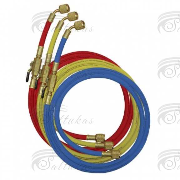 Šlangutė su kraneliu 1/4″ x 1/4″, L=1500mm, mėlyna, raudona, geltona Užpildymo žarnelės
