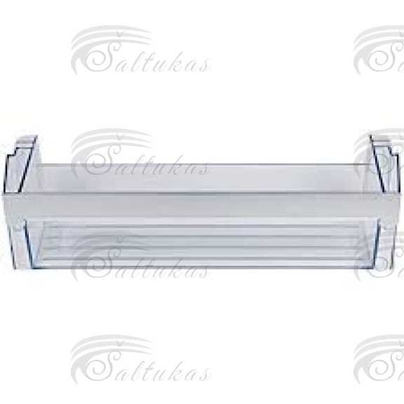 Šaldytuvo BOSCH, SIEMENS, NEFF durų lentynėlė (apatinė)Plotis: 420 mm Ilgis: 112 mm Aukštis: 100 mm Buitinių šaldytuvų laikikliai, stalčiai, lentynos ir kitos plastmasinės detalės