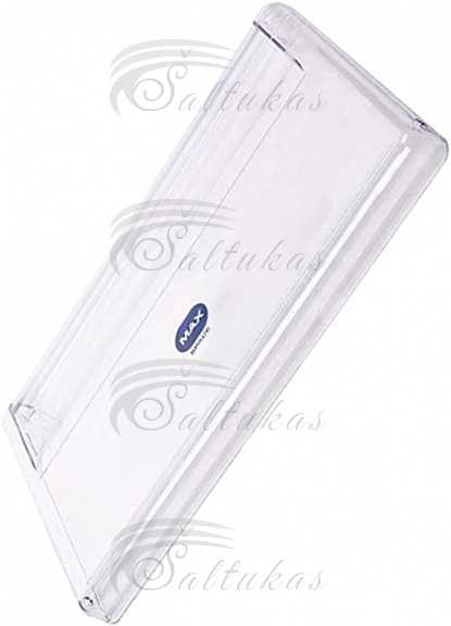 Šaldytuvo WHIRLPOOL šaldiklio stalčiaus (viršutinio) priekinė sienelė, 437x250mm, orig. Buitinių šaldytuvų laikikliai, stalčiai, lentynos ir kitos plastmasinės detalės
