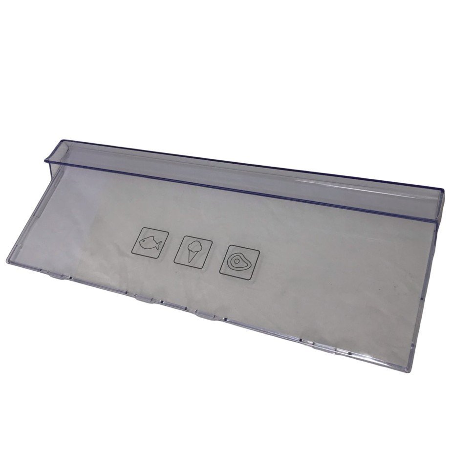 Šaldytuvo BEKO, BLOMBERG šaldiklio stalčiaus priekinė sienelė (viršutinio/vidurinio), 404x150mm, orig. Buitinių šaldytuvų laikikliai, stalčiai, lentynos ir kitos plastmasinės detalės