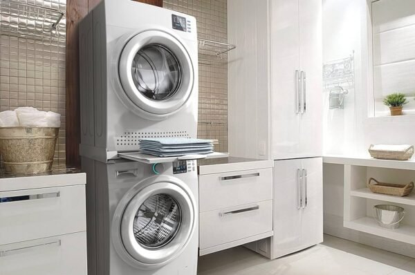Universalus skalbyklės ir džiovyklės LG, BEKO, BLOMBER, HANSA, SAMSUNG, BOSCH, SIEMENS, AEG, ELECTROLUX, UNIVERSALUS sujungimo rėmelis, su ištraukiamu stalčiumi drabužiams ir papildomais fiksatoriais (tvirtinimais) 600x600mm,alternatyva - Image 2