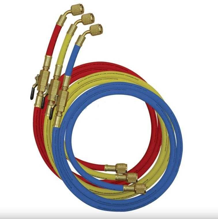 Užpildymo žarnelio komplektas R410 MASTERCOOL 49360-JT SADA 3 X 1,5M, 1/4″ – 5/16″, Raudona, Geltona, mėlyna Šaldytuvų šaldiklių automobilinės buitinės pramoninės šaldymo įrangos dalys