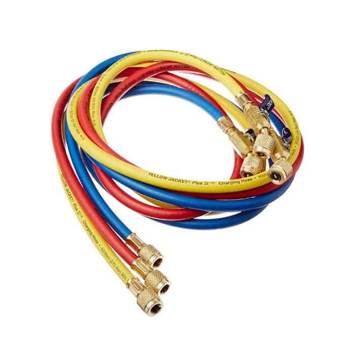 Užpildymo žarnelio komplektas R410A, 3×1,8 M (72″), 1/4″SAE – 5/16″, Raudona, Geltona, mėlyna Šaldytuvų šaldiklių automobilinės buitinės pramoninės šaldymo įrangos dalys
