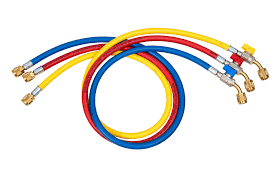 Užpildymo žarnelio komplektas REFCO 3×0,9M, 1/4″ SAE, 4493614, Raudona, Geltona, mėlyna Šaldytuvų šaldiklių automobilinės buitinės pramoninės šaldymo įrangos dalys