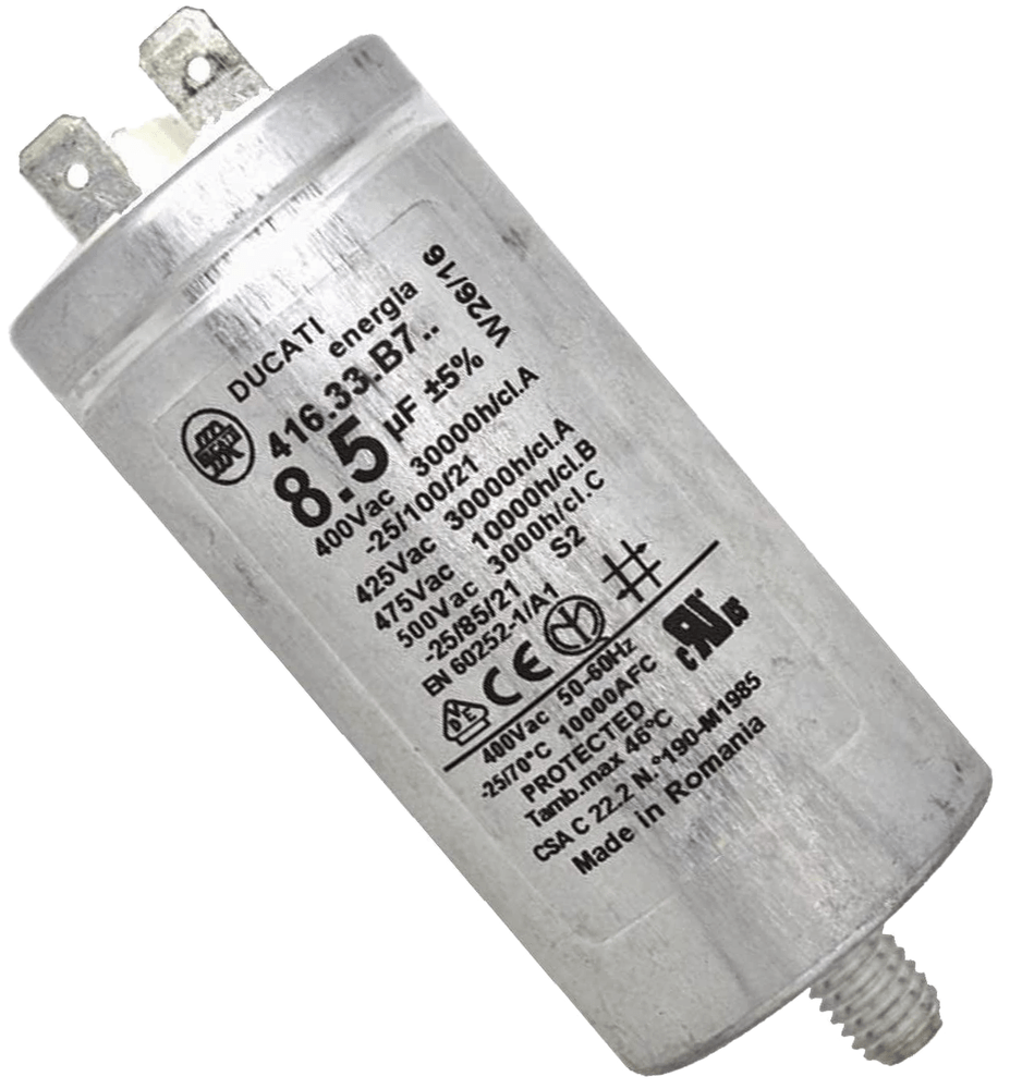 Kondensatorius 8.5µF (mikrofaradai), 400V, d=77.5x35mm, 2 kontaktai, originalas Kondensatoriai