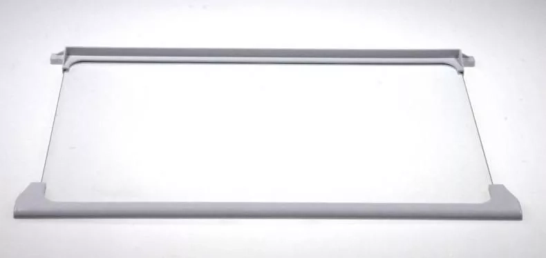 Šaldytuvo BEKO, BLOMBERG stiklinė lentyna su laikikliais, 451×303 mm išoriniai matmenys (415×293 mm – paties stiklo), orig. Buitinių šaldytuvų laikikliai, stalčiai, lentynos ir kitos plastmasinės detalės