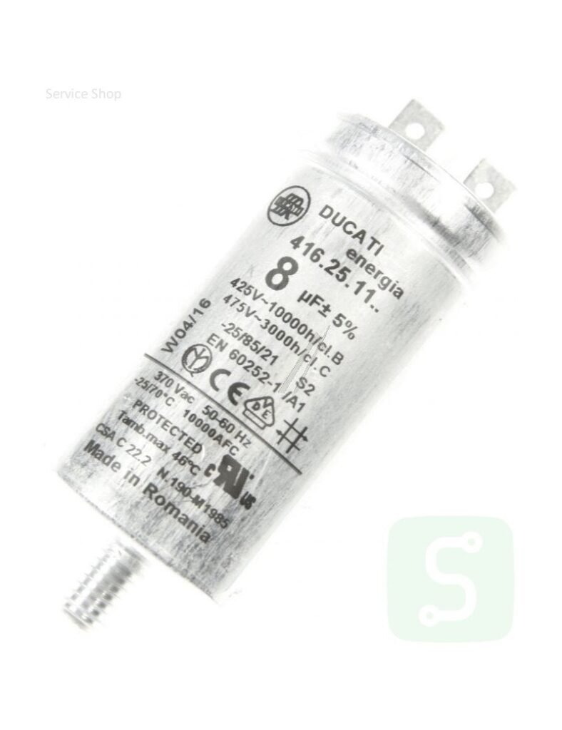 Kondensatorius 8µF (mikrofaradai), 475V, d=60x35mm, 2 kontaktai, originalas Kondensatoriai